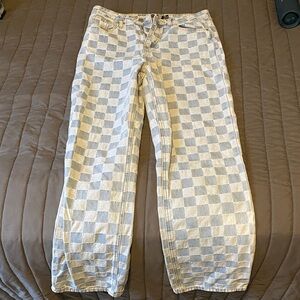 Boohoo Checkered Flare Jeans - Blue and White